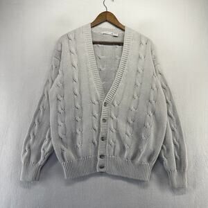 Vintage Claiborne Cardigan Sweater Mens Large Gray Chunky Cable Knit Grandpa 90s